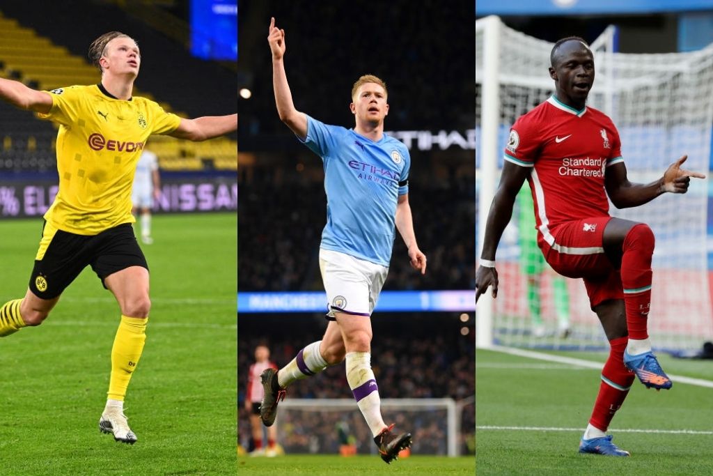 Erling Håland, Dortmund, Kevin De Bruyne, Manchester City, og Sadio Mané, Liverpool