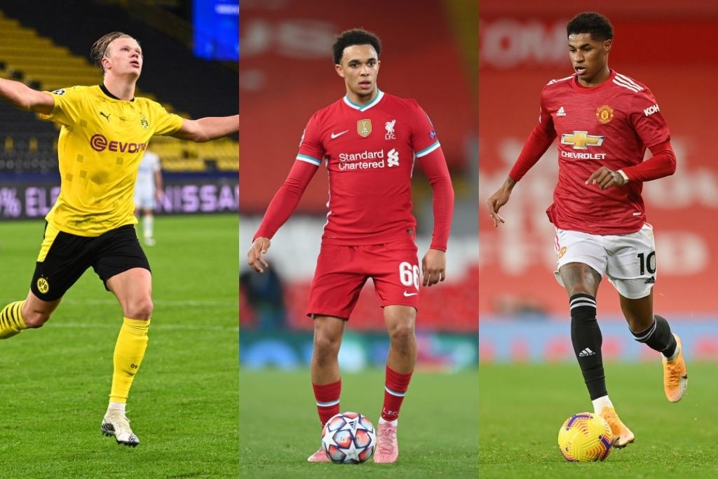 Erling Håland, Dortmund, Trent Alexander-Arnold, Liverpool, og Marcus Rashford, Manchester United