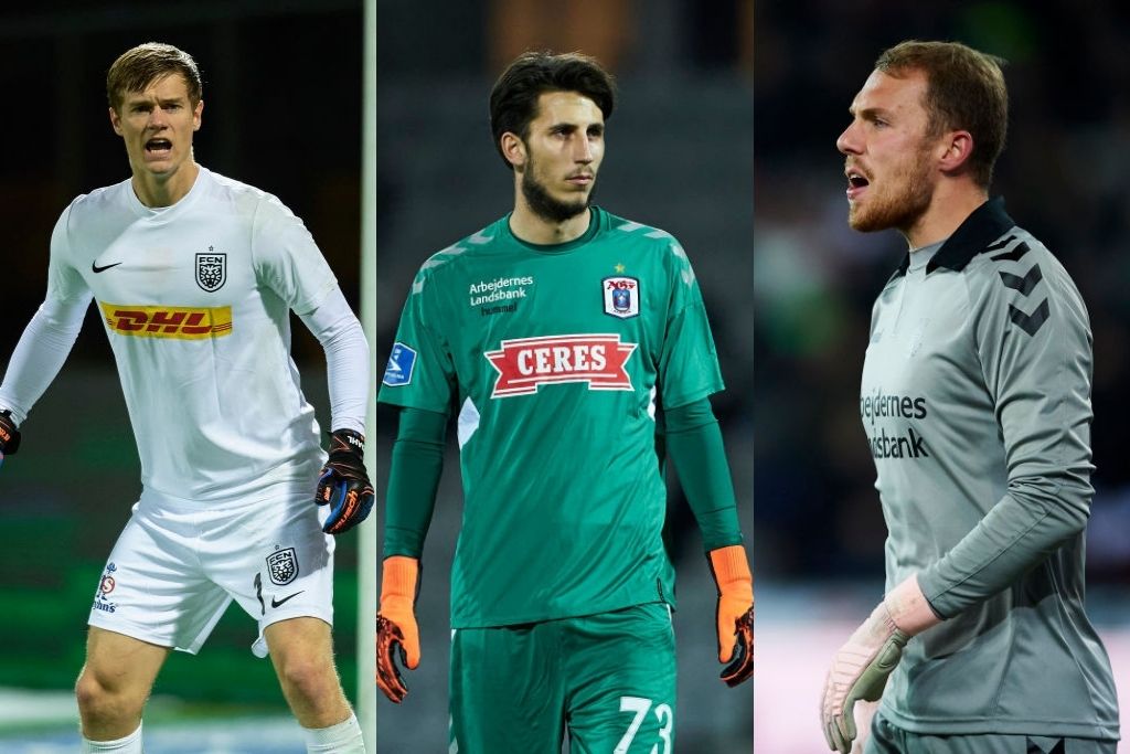 Peter Vindahl, FC Nordsjælland, Kamil Grabara, AGF, og Marvin Schwäbe, Brøndby