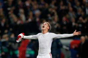 AMSTERDAM, NETHERLANDS - NOVEMBER 26: Viktor Fischer of Ajax celebrates victory after the UEFA Champions League Group H match between Ajax Amsterdam and FC Barcelona at Amsterdam Arena on November 26, 2013 in Amsterdam, Netherlands. (Photo by Dean Mouhtaropoulos/Getty Images)