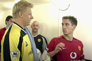 Peter Schmeichel, Manchester City, og Gary Neville, Manchester United