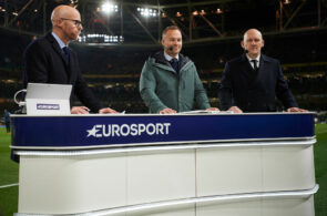 DUBLIN, IRELAND - NOVEMBER 18: Zak Egholm, Lars Jacobsen and Thomas Gravesen of Eurosport prior to the UEFA EURO 2020 Qualifier match between Ireland and Denmark at Aviva Stadium on November 18, 2019 in Dublin, Ireland. (Photo by Lars Ronbog / FrontZoneSport via Getty Images)