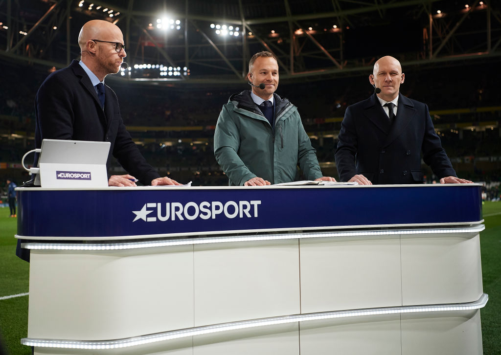 DUBLIN, IRELAND - NOVEMBER 18: Zak Egholm, Lars Jacobsen and Thomas Gravesen of Eurosport prior to the UEFA EURO 2020 Qualifier match between Ireland and Denmark at Aviva Stadium on November 18, 2019 in Dublin, Ireland. (Photo by Lars Ronbog / FrontZoneSport via Getty Images)
