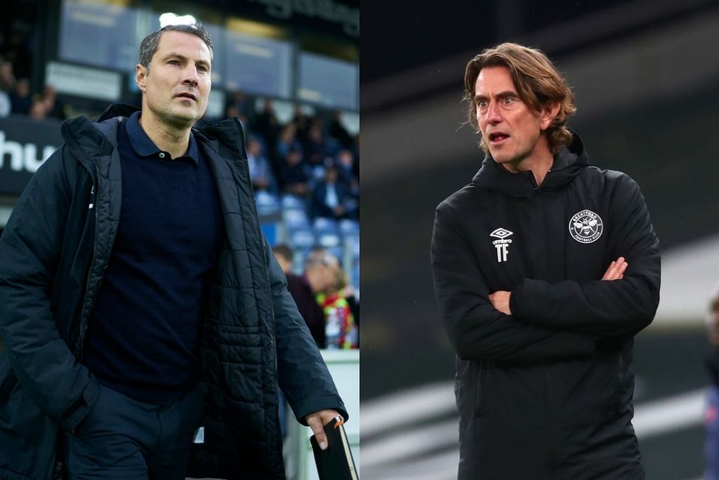 Brian Priske, FC Midtjylland, og Thomas Frank, Brentford