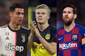 Cristiano Ronaldo of Juventus, Erling Haaland of Borussia Dortmund, Lionel Messi of FC Barcelona
