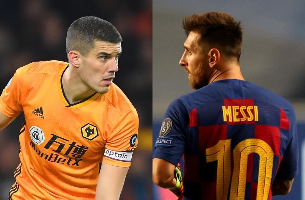 Conor Coady of Wolves, Lionel Messi of FC Barcelona