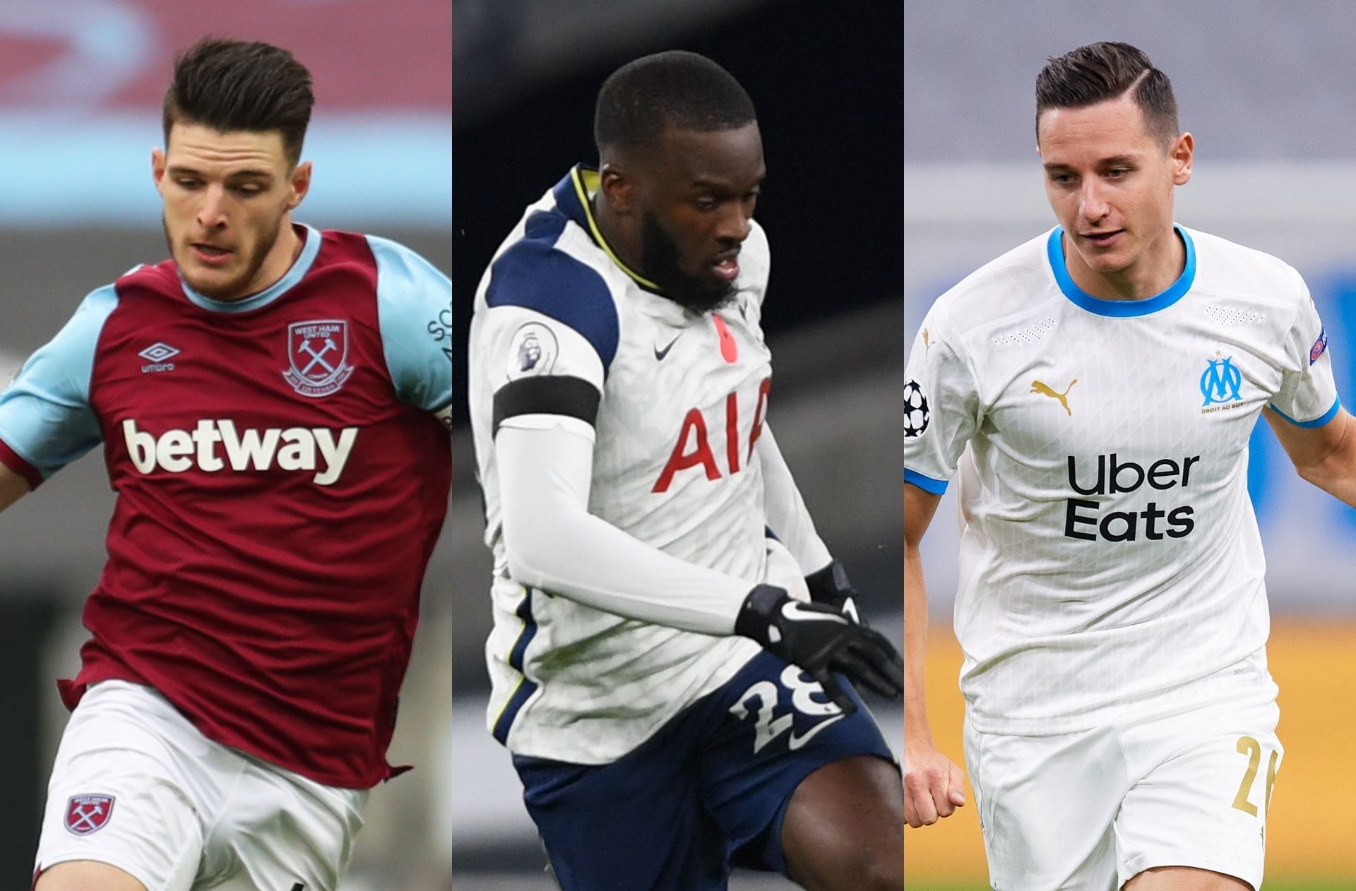 Declan Rice of West Ham, Tanguy Ndombele of Tottenham, Florian Thauvin of Marseille