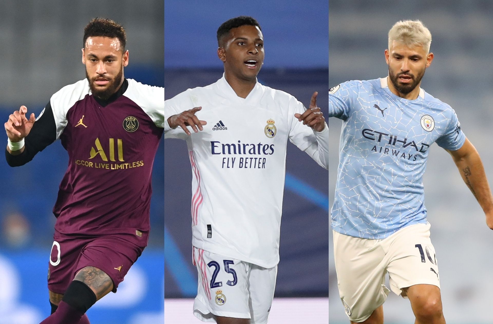 Neymar of Paris Saint-Germain, Rodrygo of Real Madrid, Sergio Aguero of Manchester City