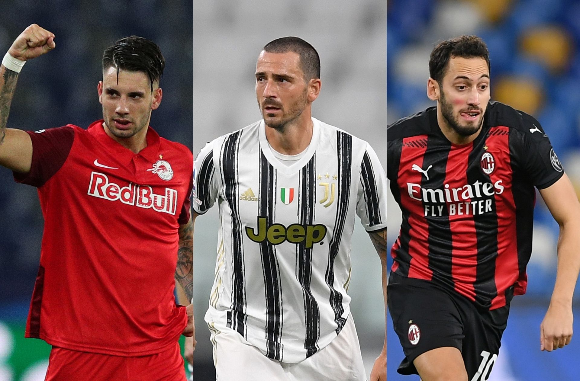 Dominik Szoboszlai of RB Salzburg, Leonardo Bonucci of Juventus, Hakan Calhanoglu of AC Milan