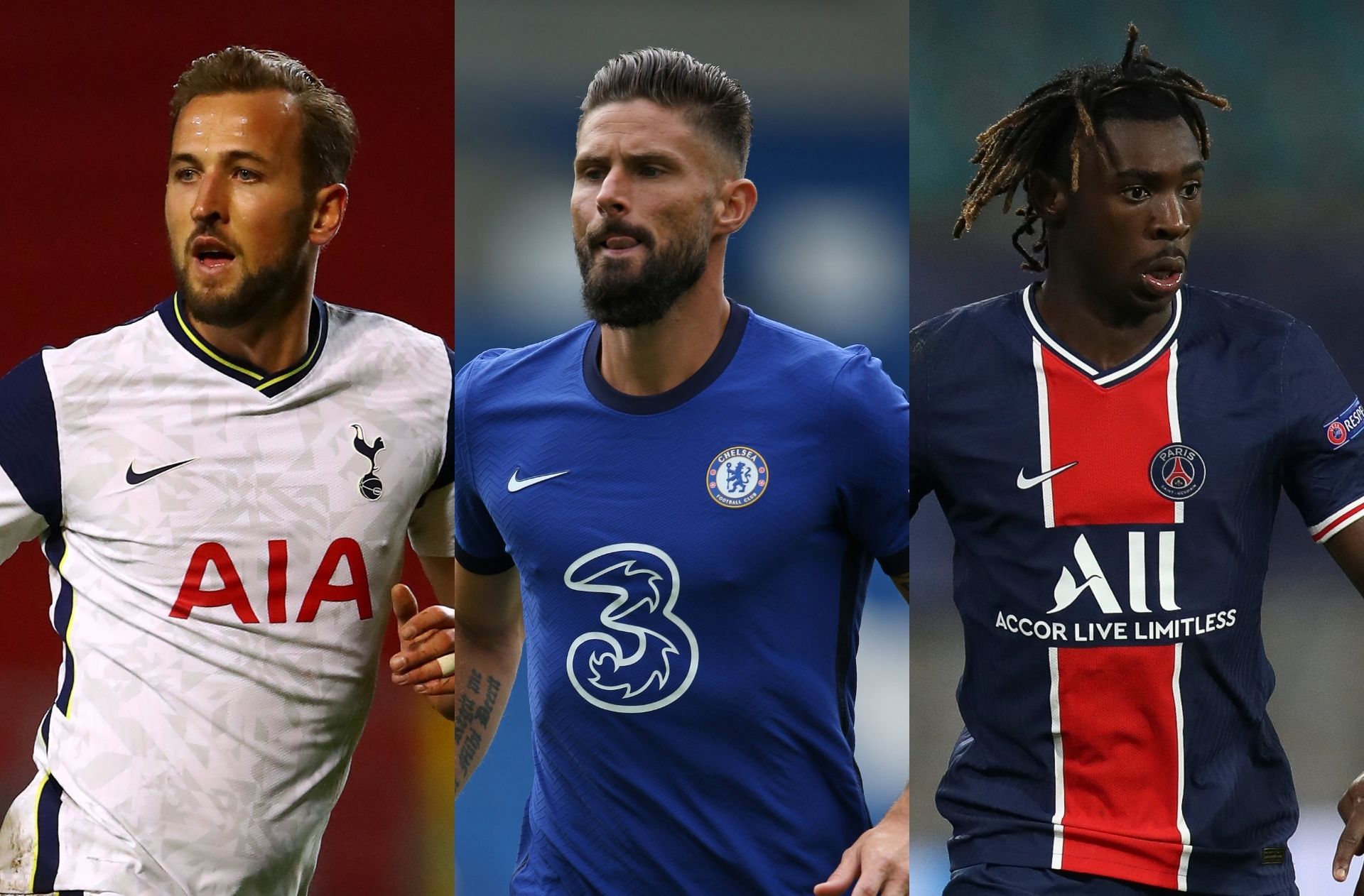 Harry Kane of Tottenham, Olivier Giroud of Chelsea, Moise Kean of Paris Saint-Germain