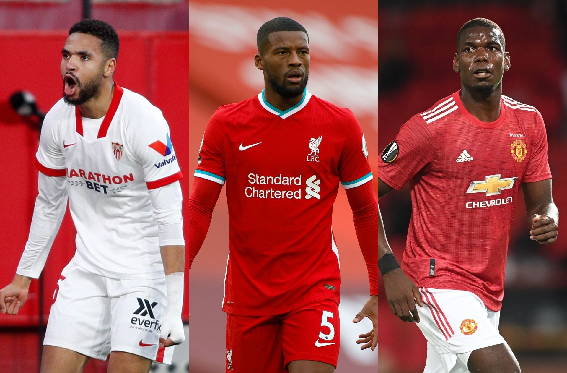 Youssef En-Nesyri of Sevilla, Georginio Wijnaldum of Liverpool, Paul Pogba Manchester United