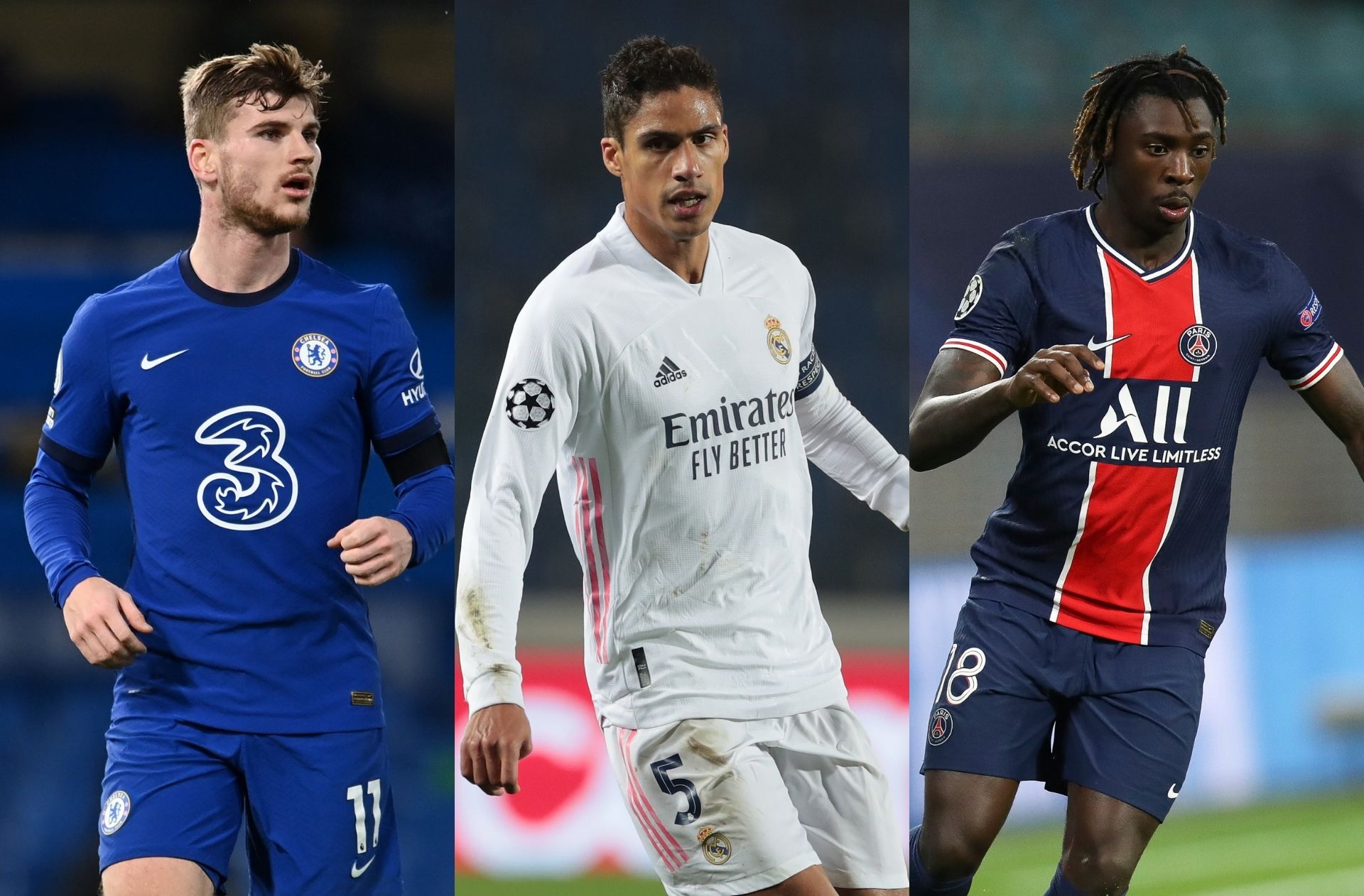 Timo Werner of Chelsea, Raphael Varane of Real Madrid, Moise Kean of Paris Saint-Germain