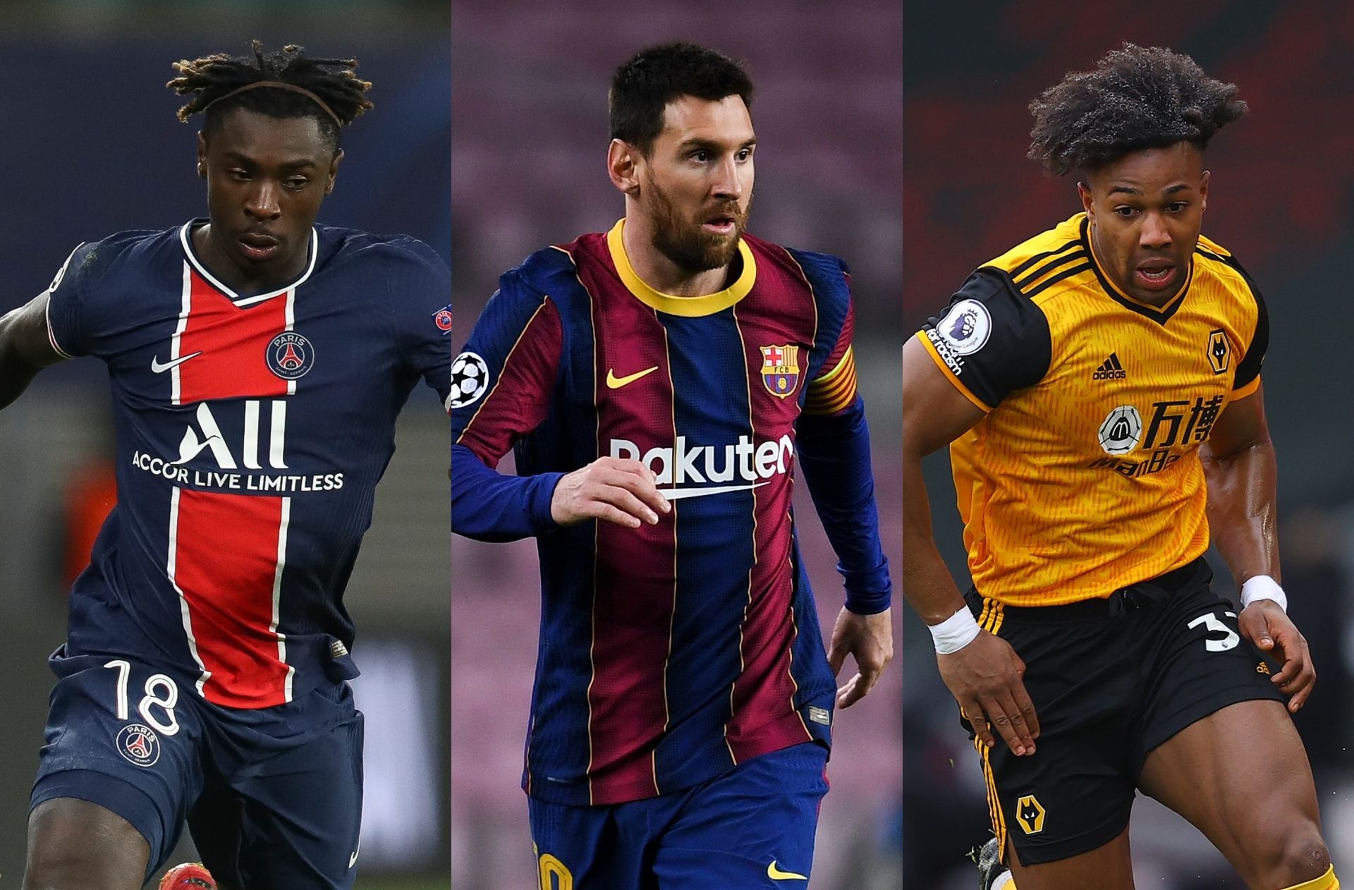 Moise Kean of Paris Saint-Germain, Lionel Messi of FC Barcelona, Adama Traore of Wolves
