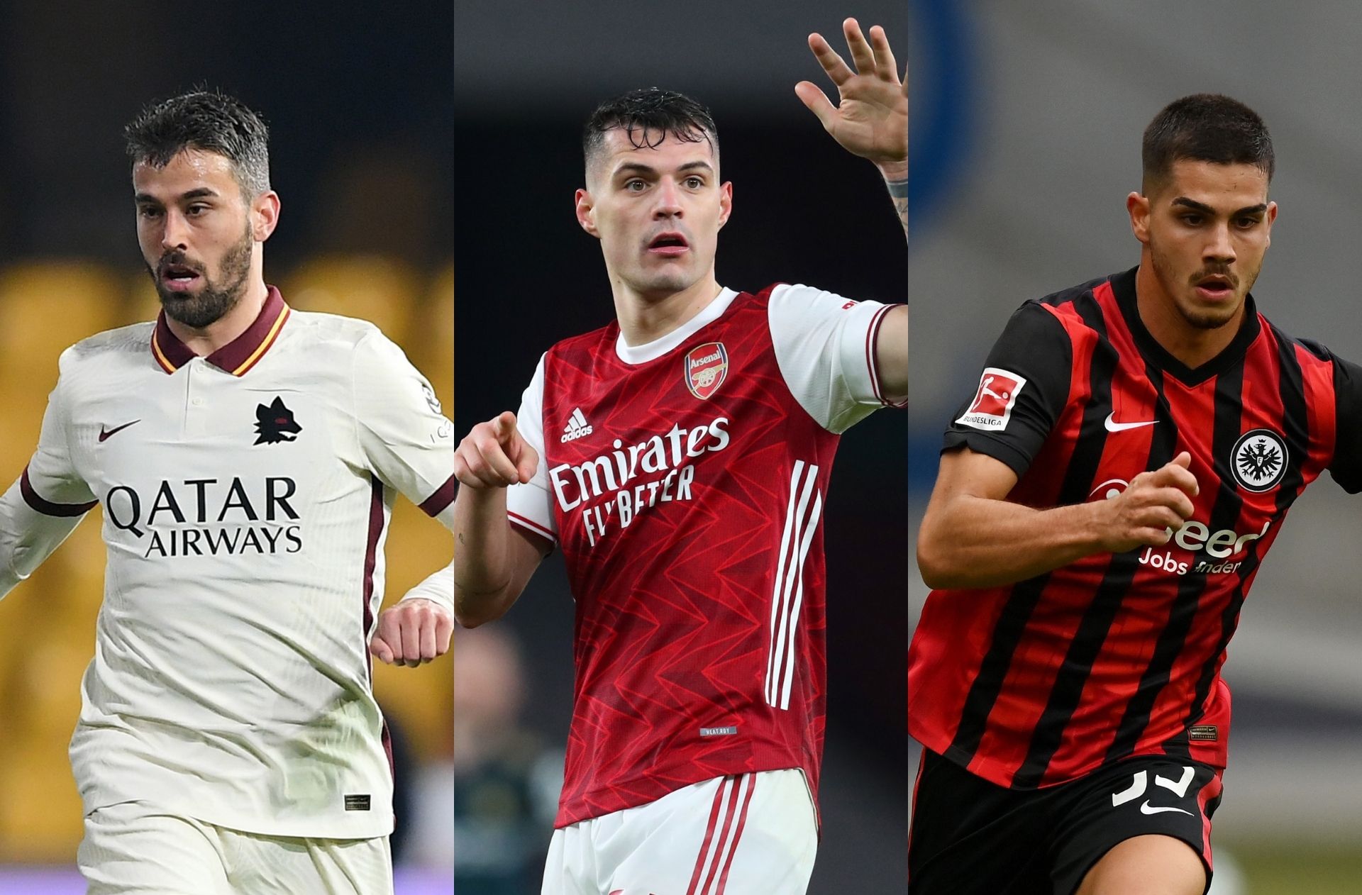 Leonardo Spinazzola of Roma, Granit Xhaka of Arsenal, Andre Silva of Frankfurt
