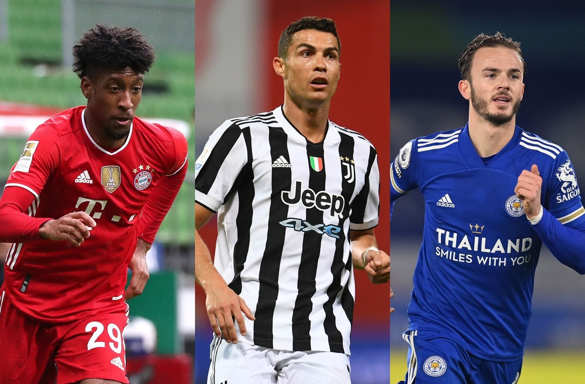 Kingsley Coman of Bayern Munich, Cristiano Ronaldo of Juventus, James Maddison of Leicester City