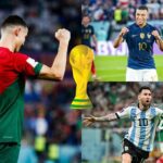 Cristiano Ronaldo, Kylian Mbappe, Lionel Messi, World Cup trophy